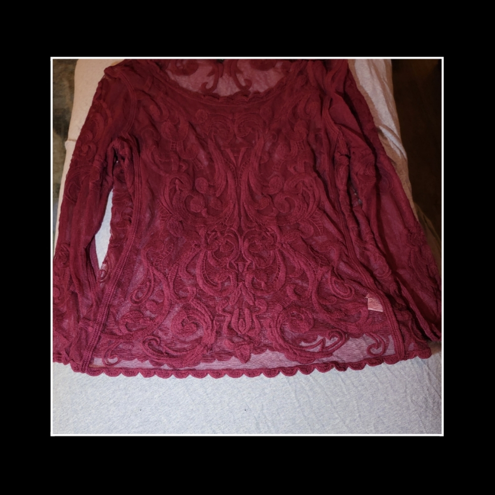 Sheer Burgundy/wine Lace Long Sleeve Shirt - Picture 2 of 9